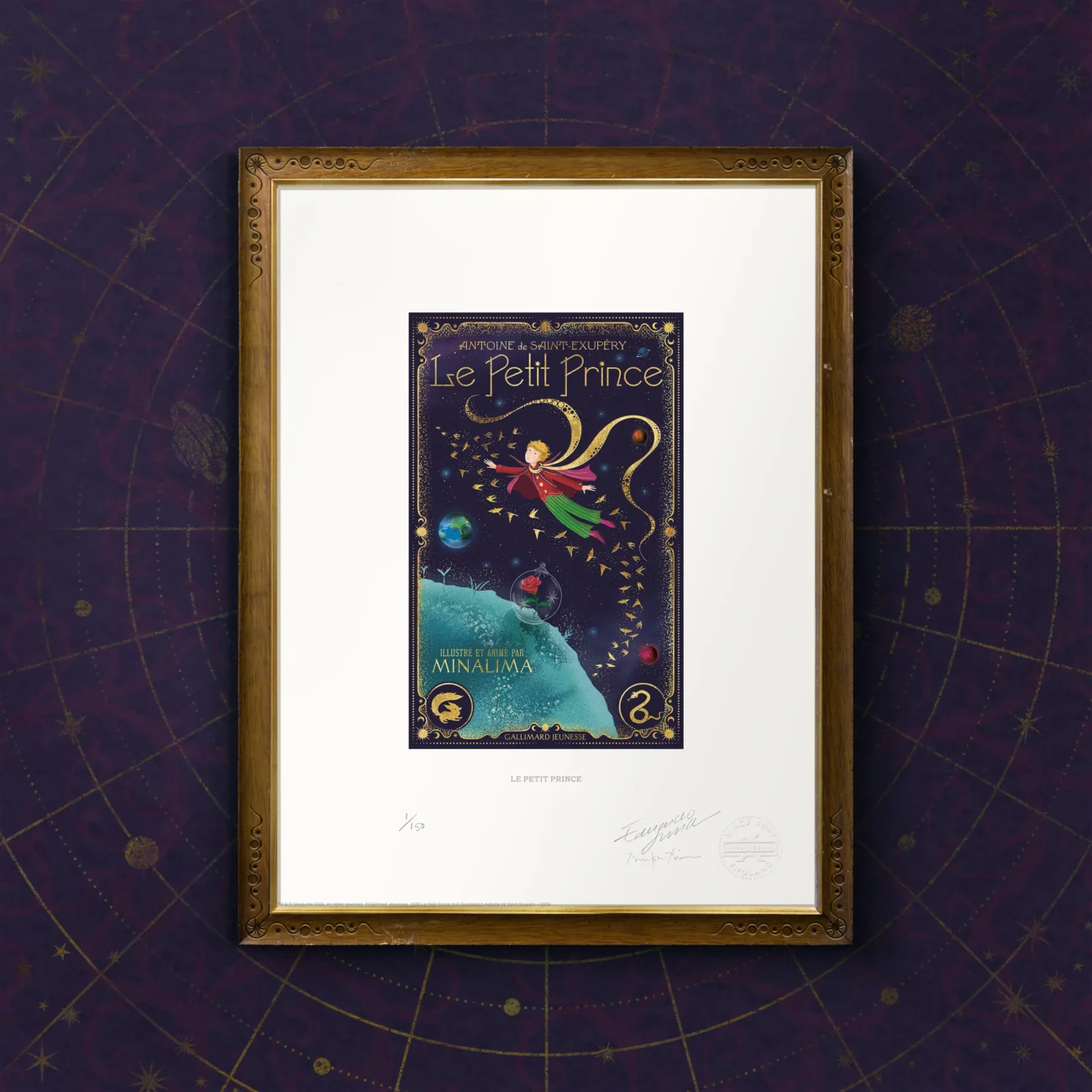 Le Petit Prince by Antoine de Saint-Exupéry - limited edition premium art print of the book cover of the MinaLima Illustrated French edition (framed view)