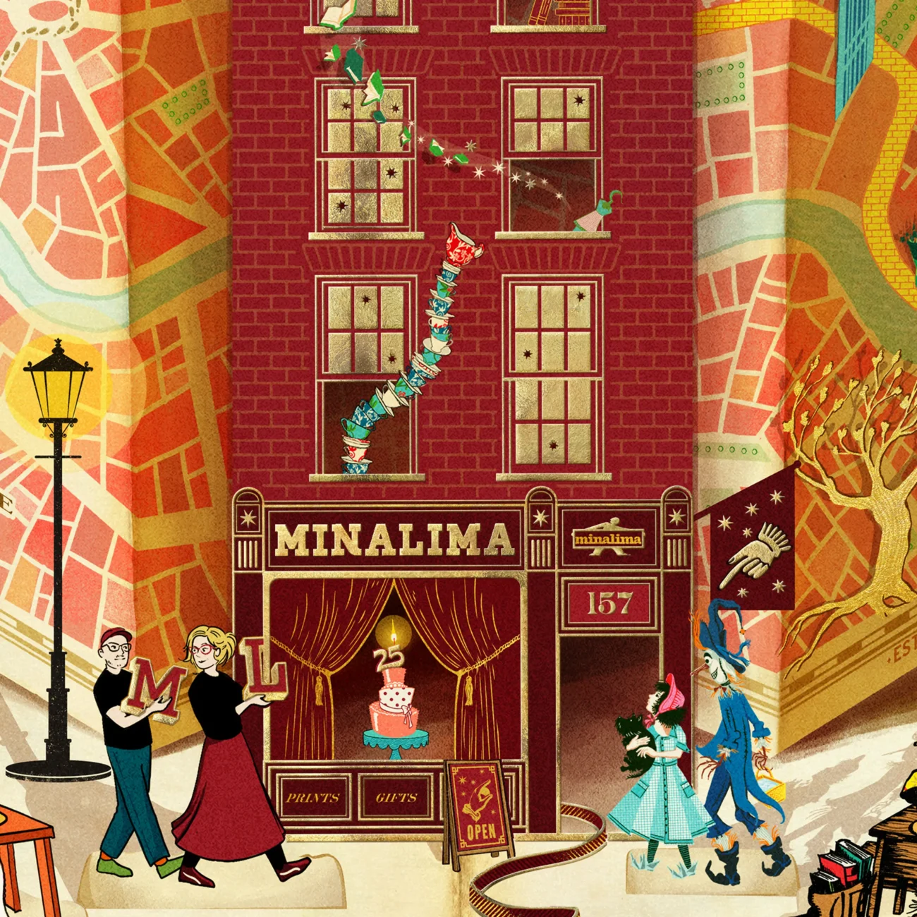 MinaLima anniversary hand-signed limited edition art print celebrating 25 years of design magic (detail featuring Mira and Eduardo in front of the House of MinaLima London)
