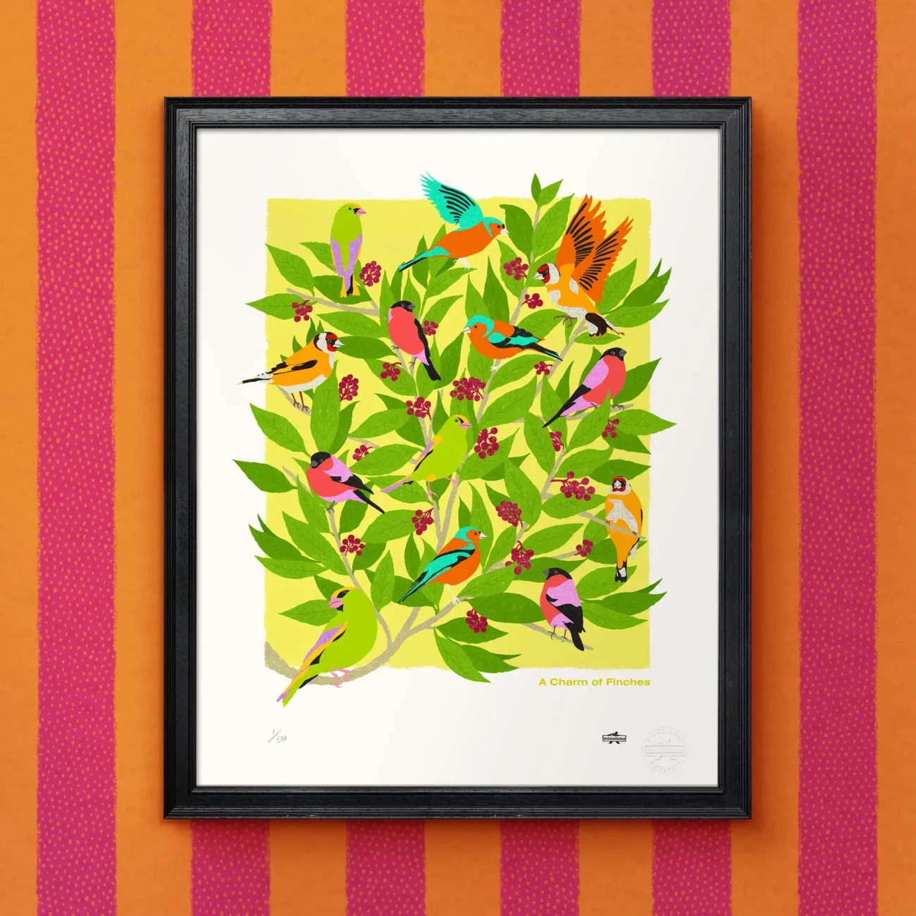 A Charm of Finches limited edition art print from the MinaLima Menagerie (framed view)