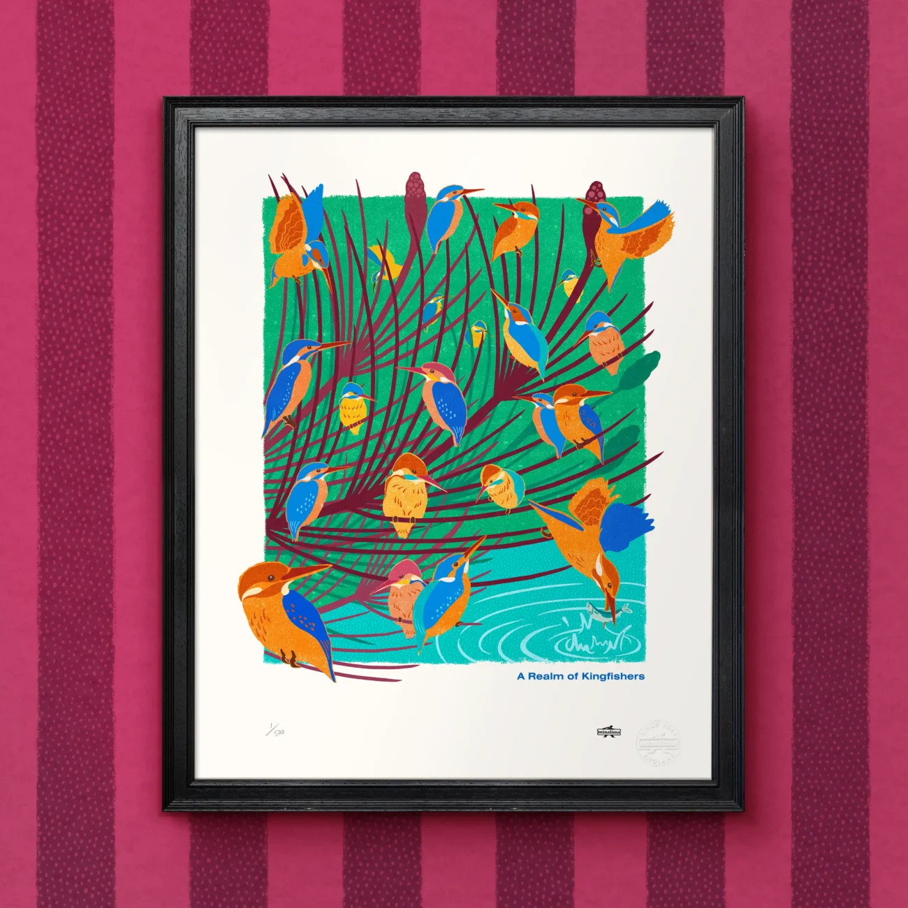 A Realm of Kingfishers limited edition art print from the MinaLima Menagerie (framed view)