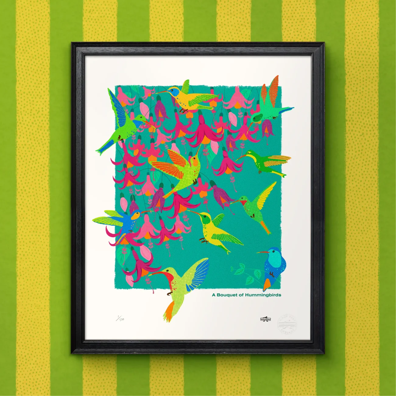 A Bouquet of Hummingbirds limited edition art print from the MinaLima Menagerie (framed view)