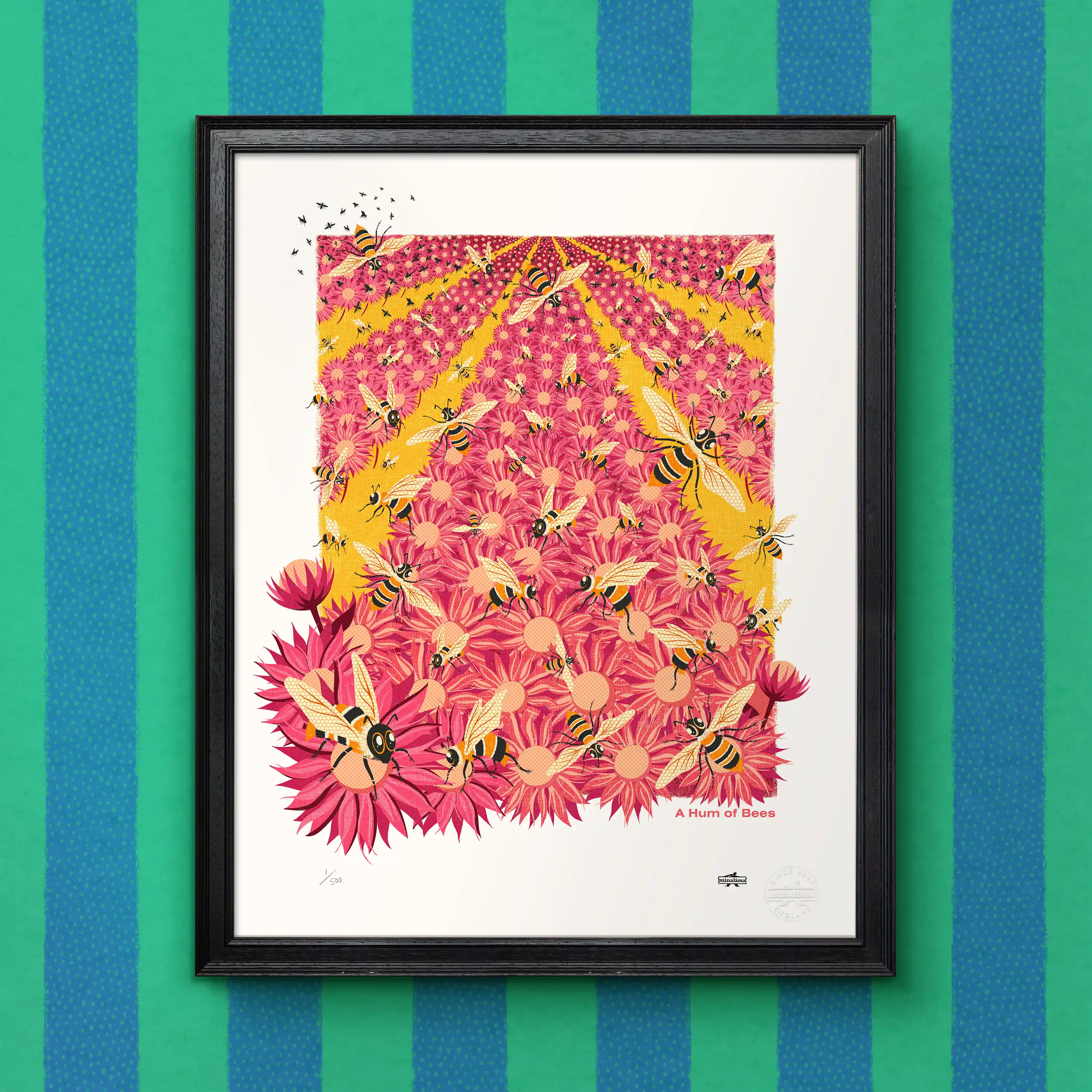 A Hum of Bees limited edition art print from the MinaLima Menagerie (framed view)