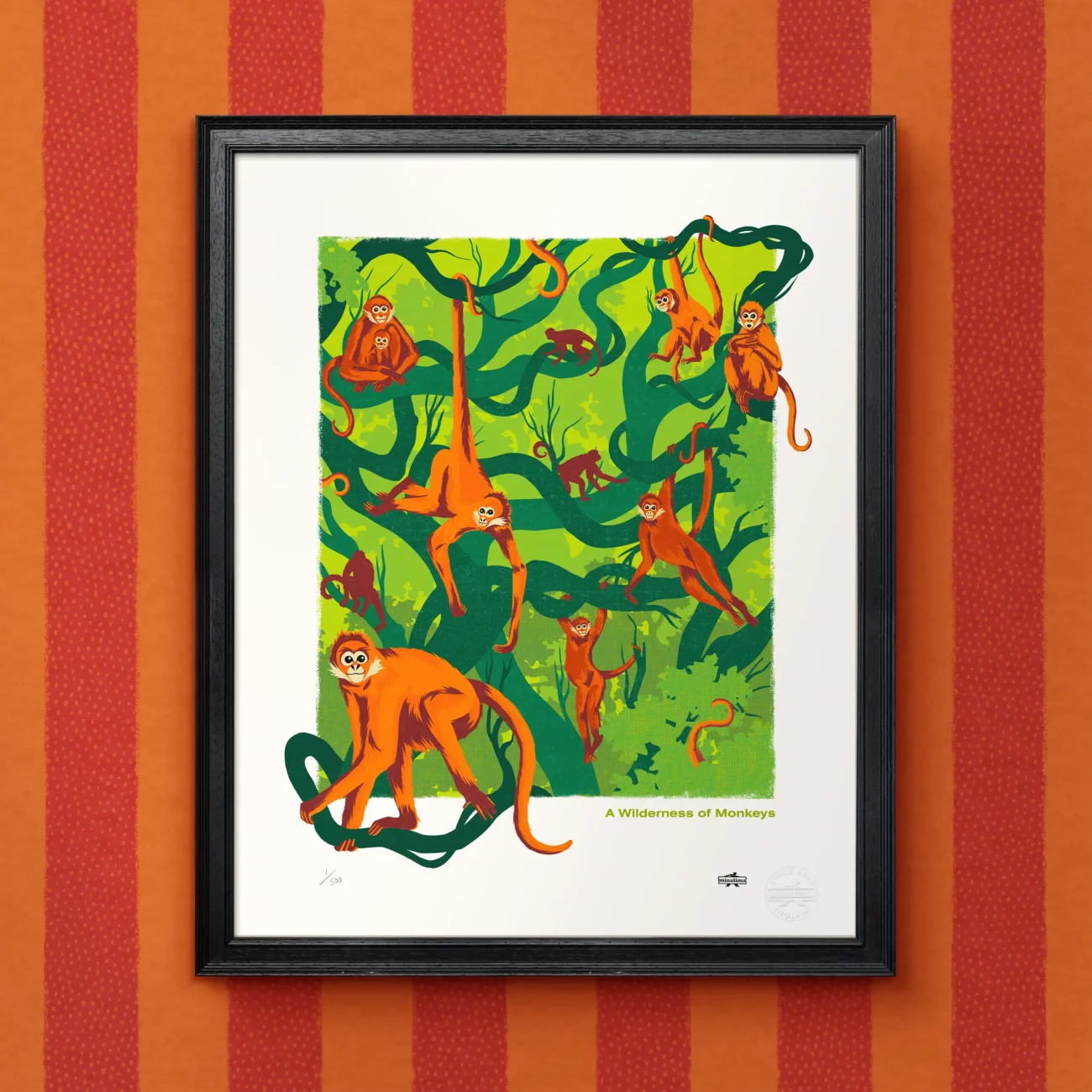 A Wildnerness of Monkeys limited edition art print from the MinaLima Menagerie (framed view)