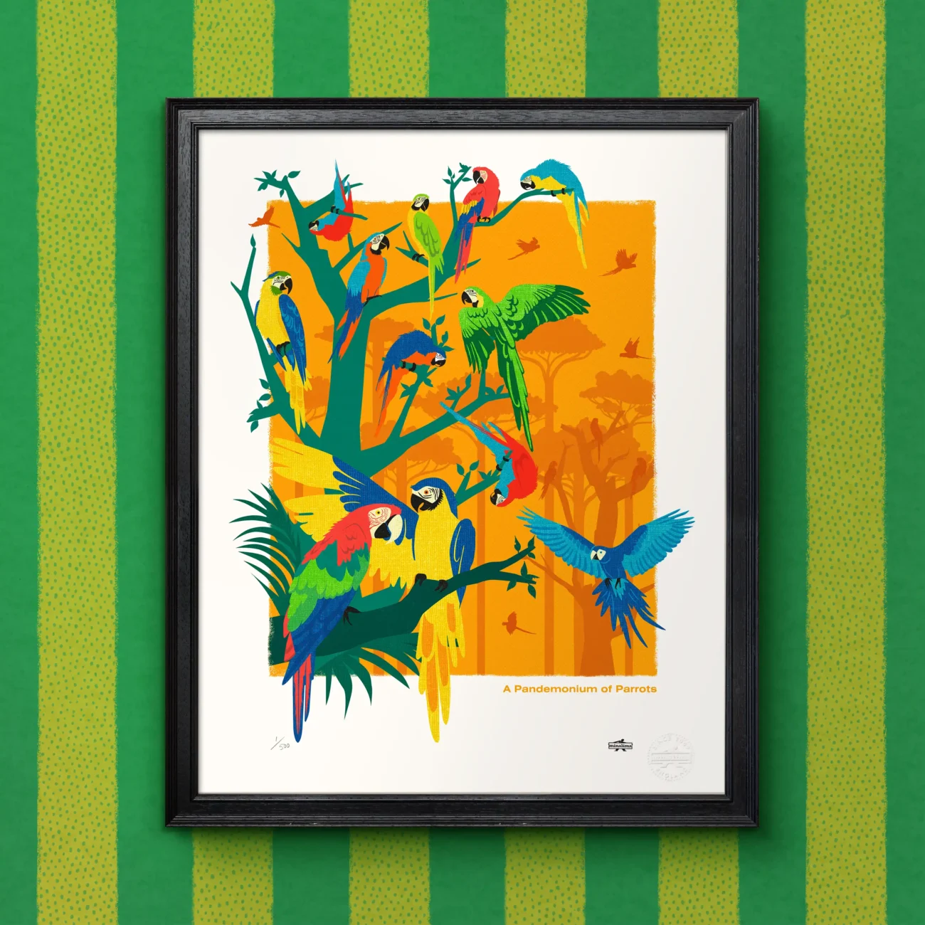 A Pandemonium of Parrots limited edition art print from the MinaLima Menagerie (framed view)