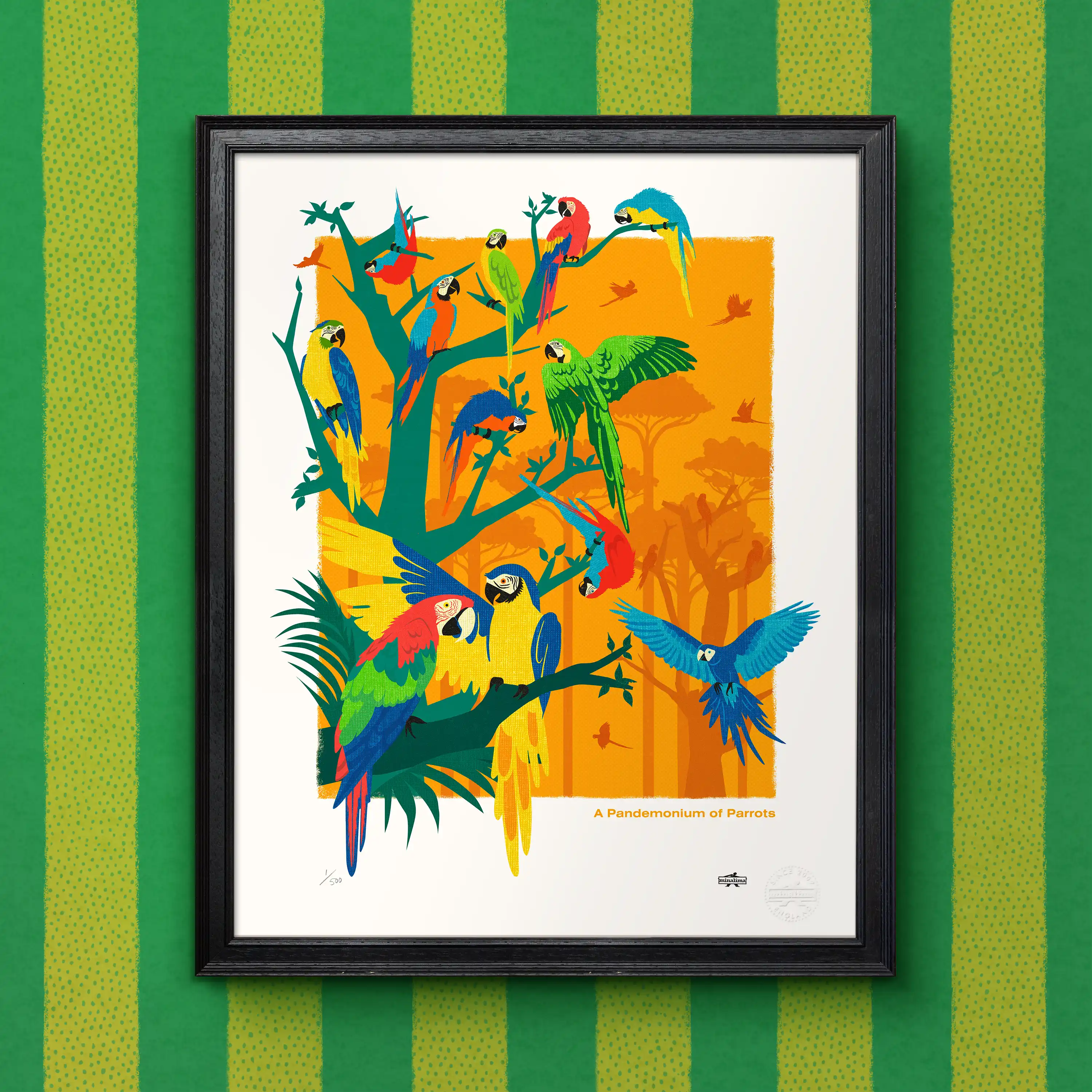 A Pandemonium of Parrots limited edition art print from the MinaLima Menagerie (framed view)