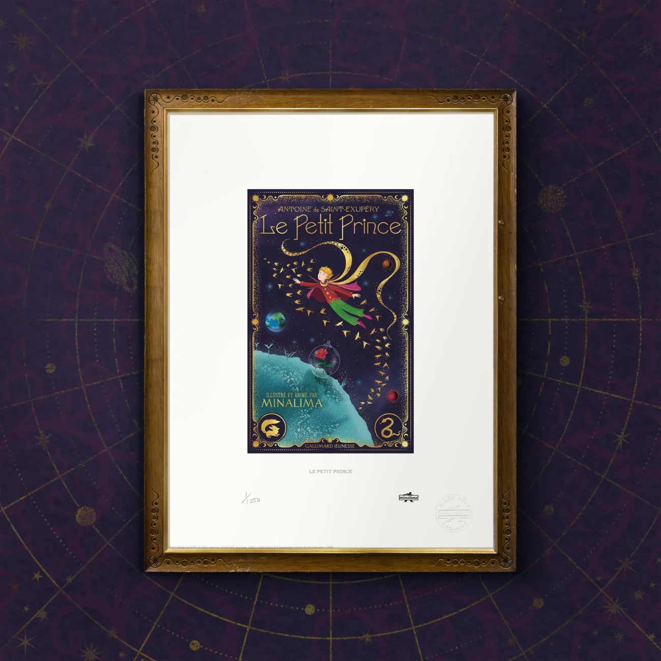 Le Petit Prince by Antoine de Saint-Exupéry - limited edition art print of the book cover of the MinaLima Illustrated French edition (framed view)