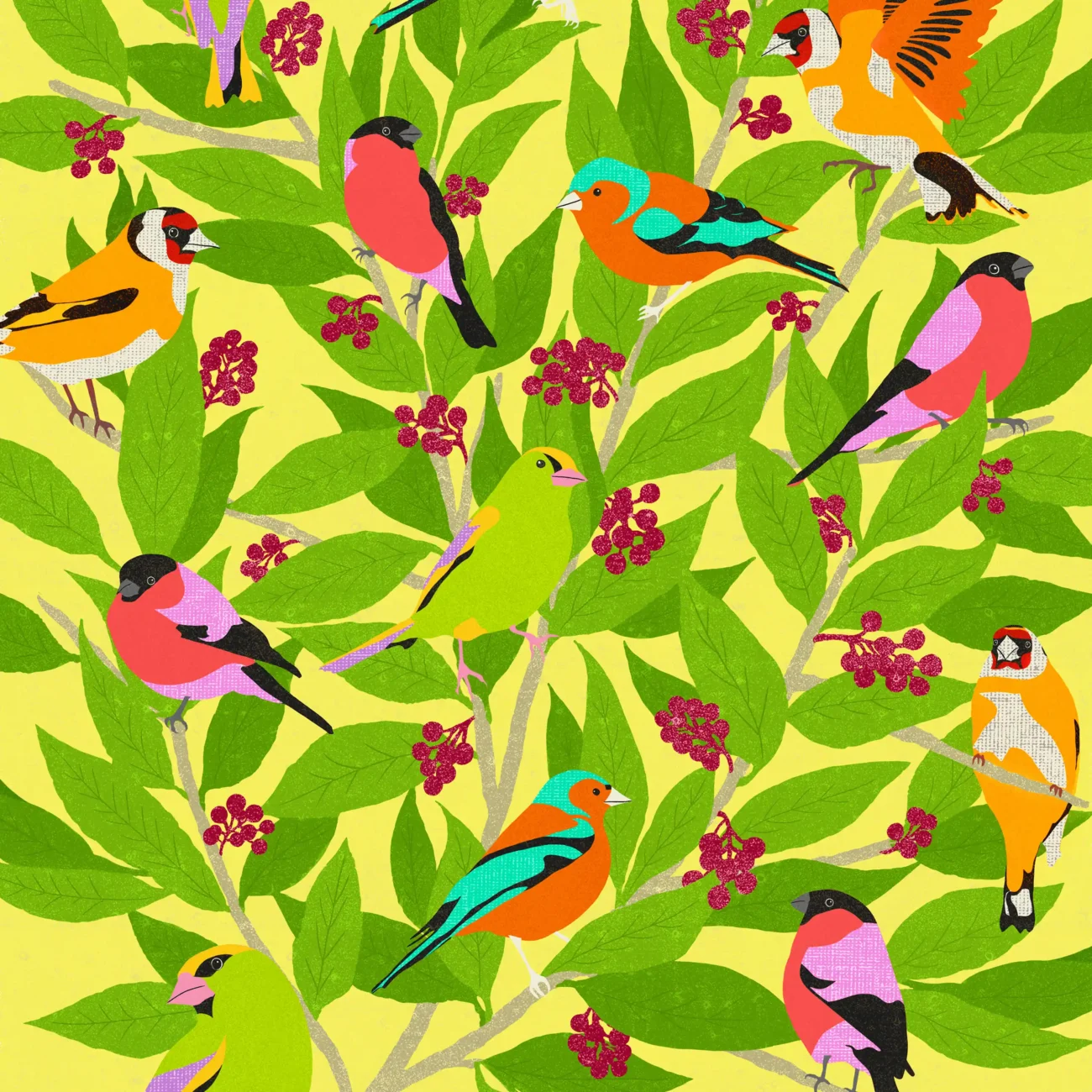 A Charm of Finches limited edition art print from the MinaLima Menagerie (detail)