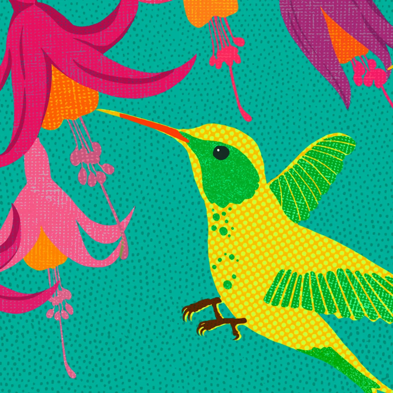 A Bouquet of Hummingbirds limited edition art print from the MinaLima Menagerie (close-up detail)