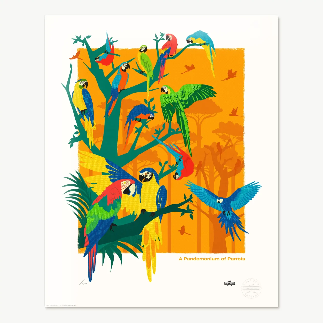 A Pandemonium of Parrots limited edition art print from the MinaLima Menagerie
