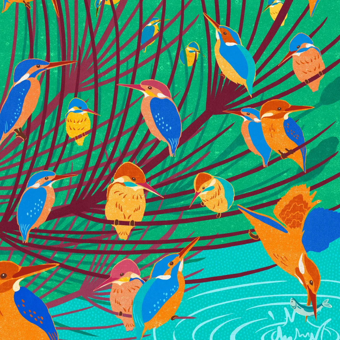 A Realm of Kingfishers limited edition art print from the MinaLima Menagerie (zoomed-in view)
