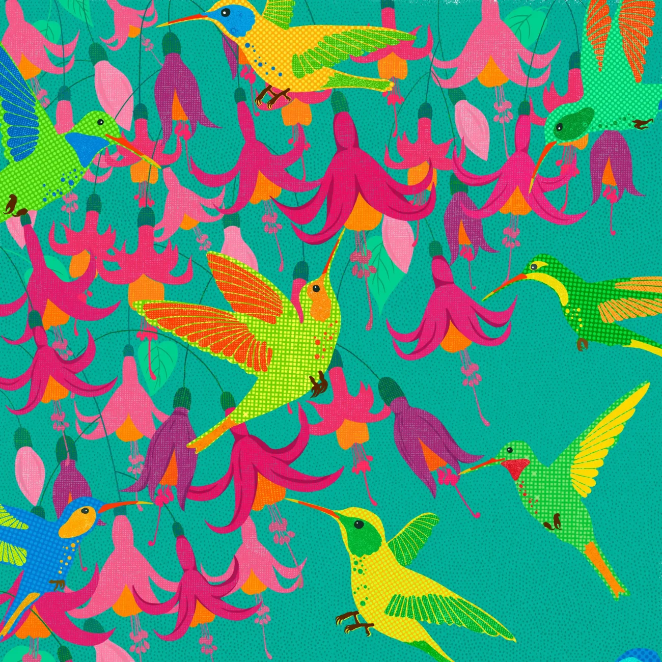 A Bouquet of Hummingbirds limited edition art print from the MinaLima Menagerie (zoomed-in view)