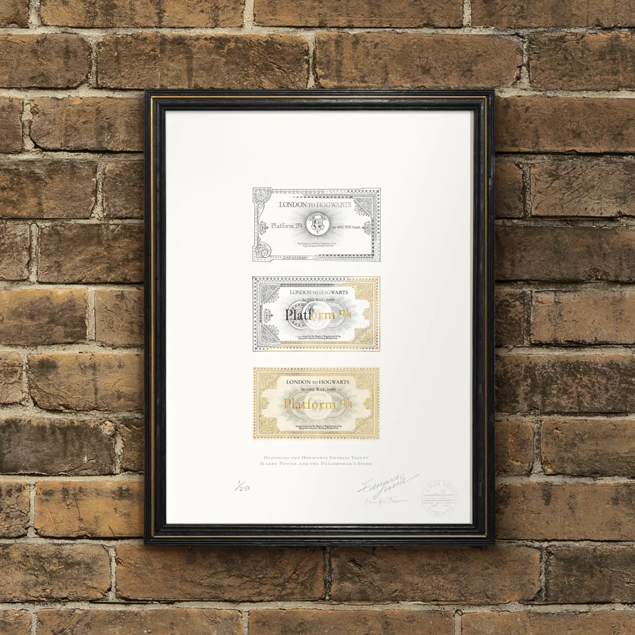 Hogwarts Express Ticket MinaLima art print designed for Harry Potter and the Philosopher's Stone (premium print framed view)