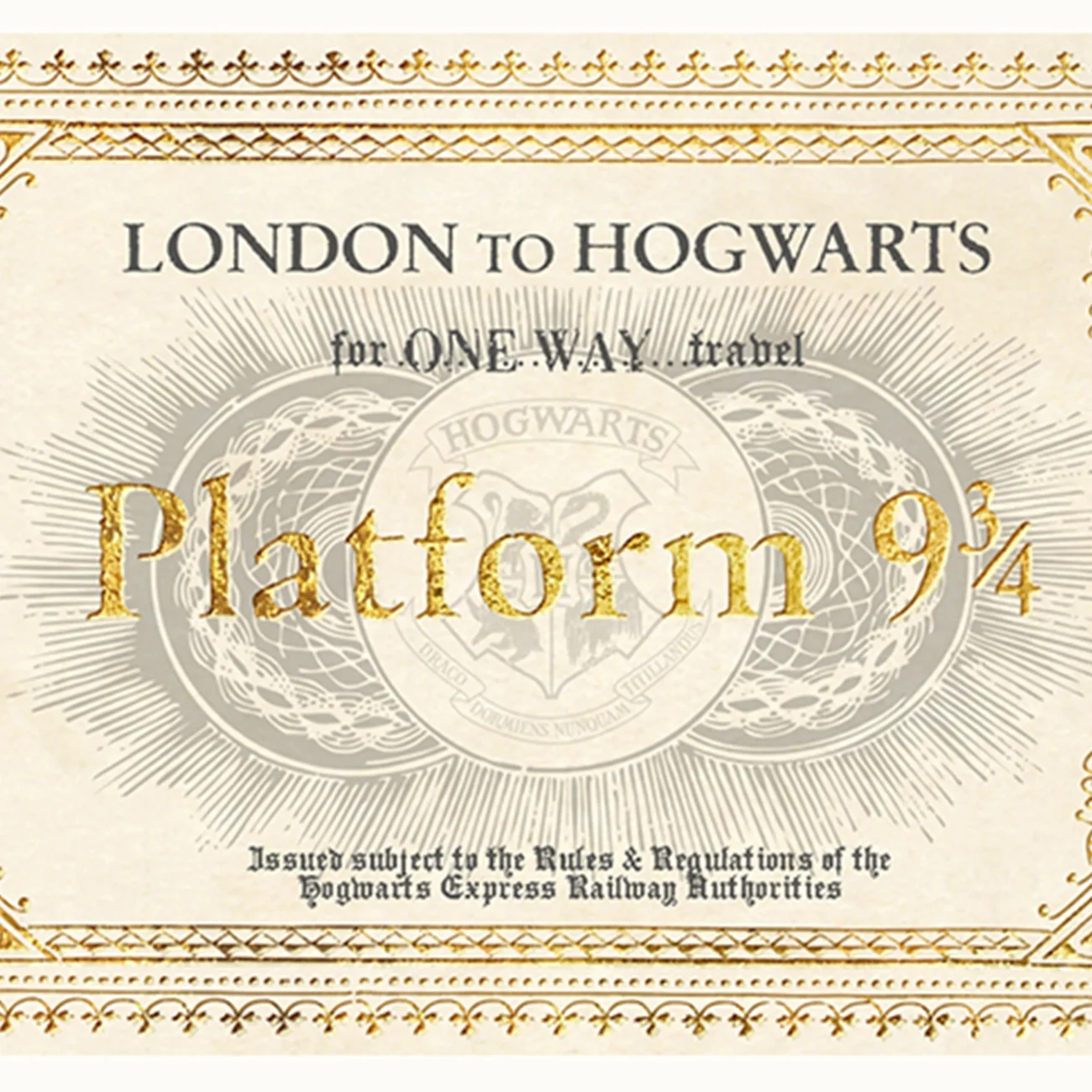 Hogwarts Express Ticket MinaLima art print designed for Harry Potter and the Philosopher's Stone (premium print close-up gold-foiled detail)