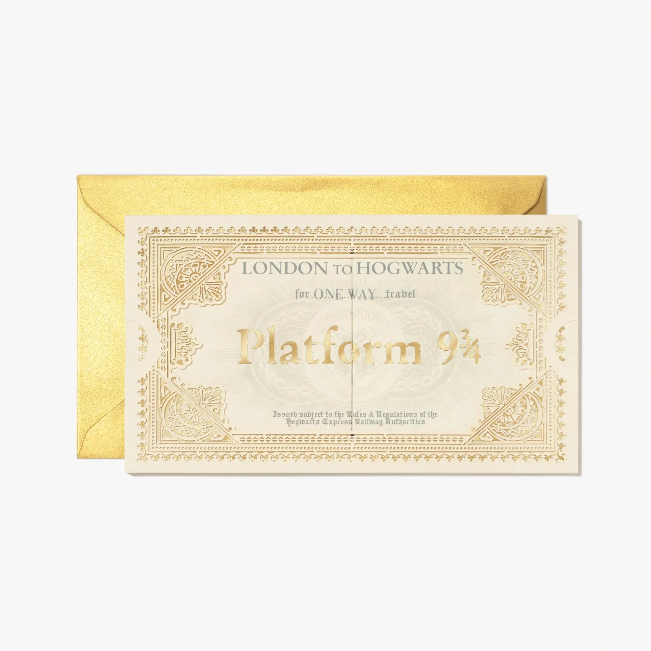 Hogwarts Express Ticket 3D notecard (closed flat view with gold envelope)