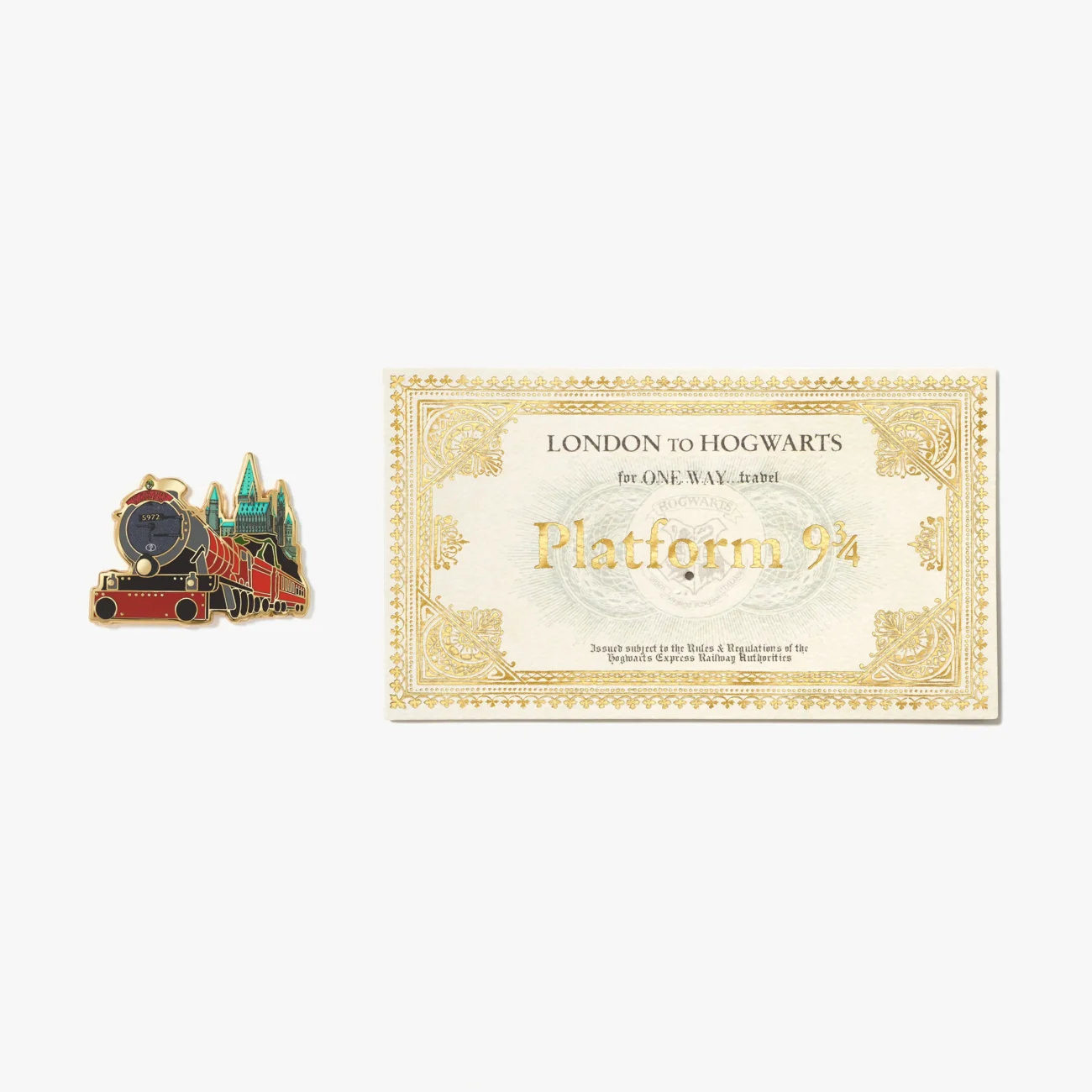 Hogwarts Express steam train pin badge and London to Hogwarts ticket bookmark