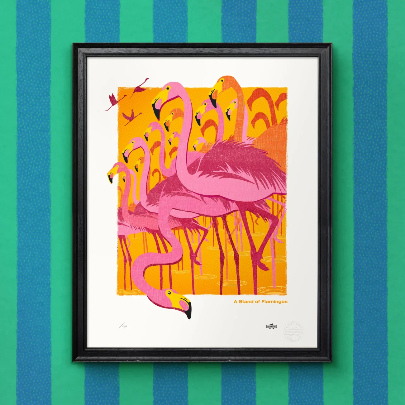A Stand of Flamingos limited edition art print from the MinaLima Menagerie series (framed view)