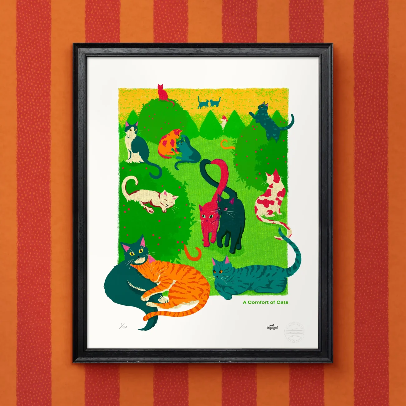 A Comfort of Cats limited edition art print from the MinaLima Menagerie series (framed view)