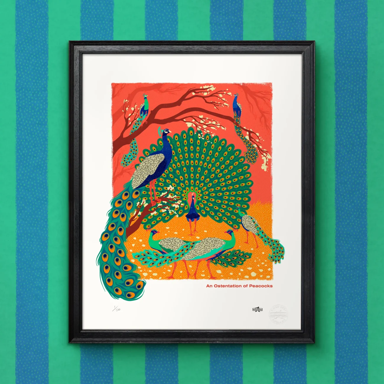 An Ostentation of Peacocks limited edition art print from the MinaLima Menagerie series (framed view)