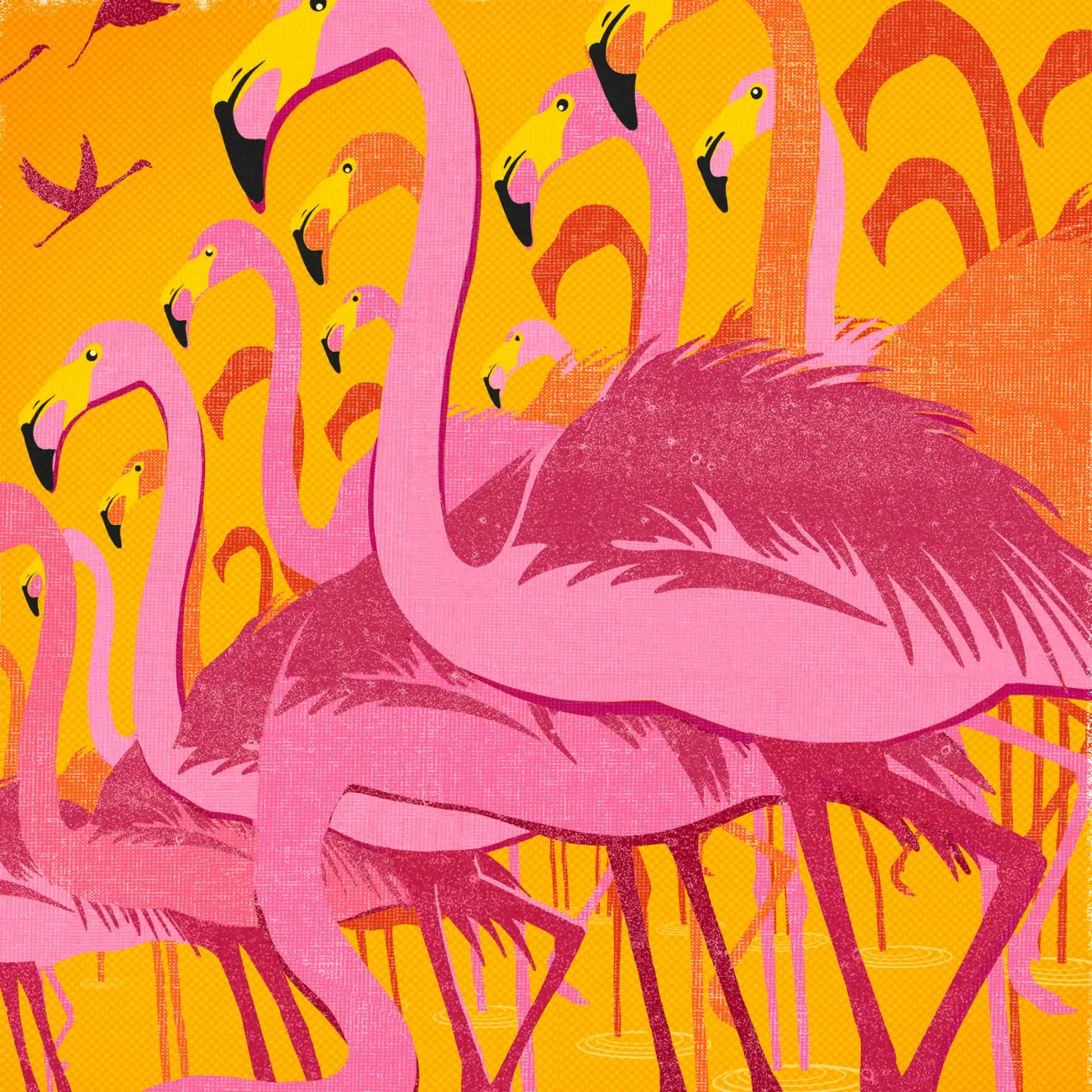 A Stand of Flamingos limited edition art print from the MinaLima Menagerie series (close-up detail)
