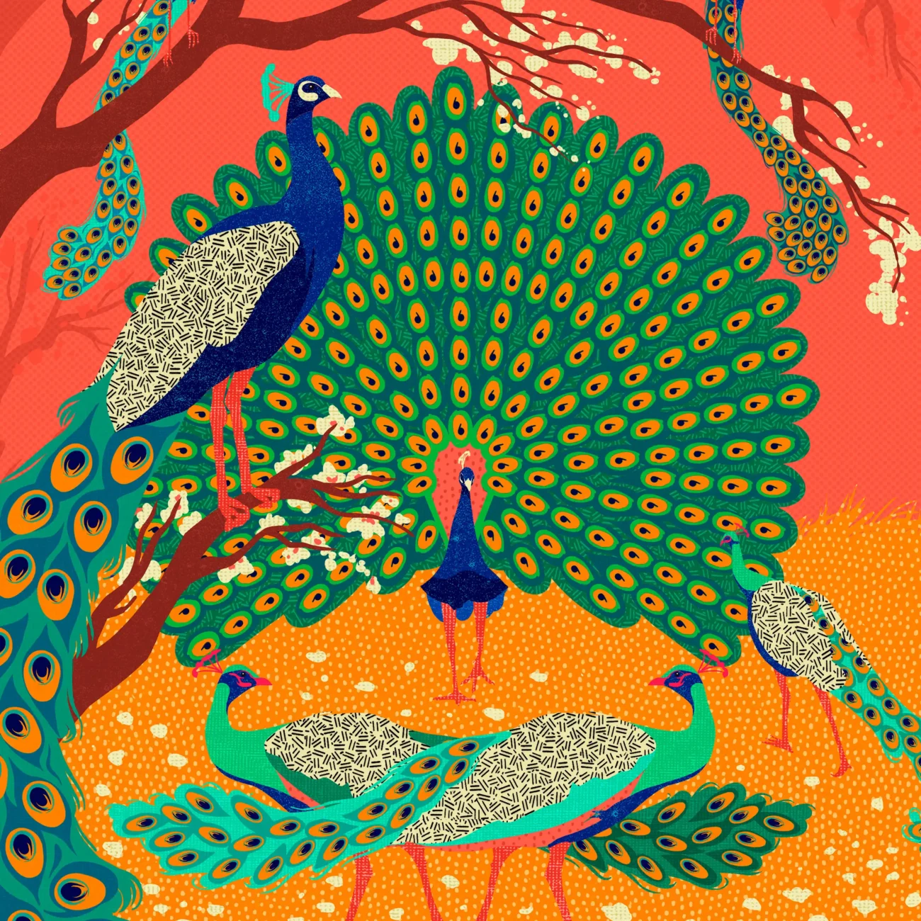 An Ostentation of Peacocks limited edition art print from the MinaLima Menagerie series (close-up view)