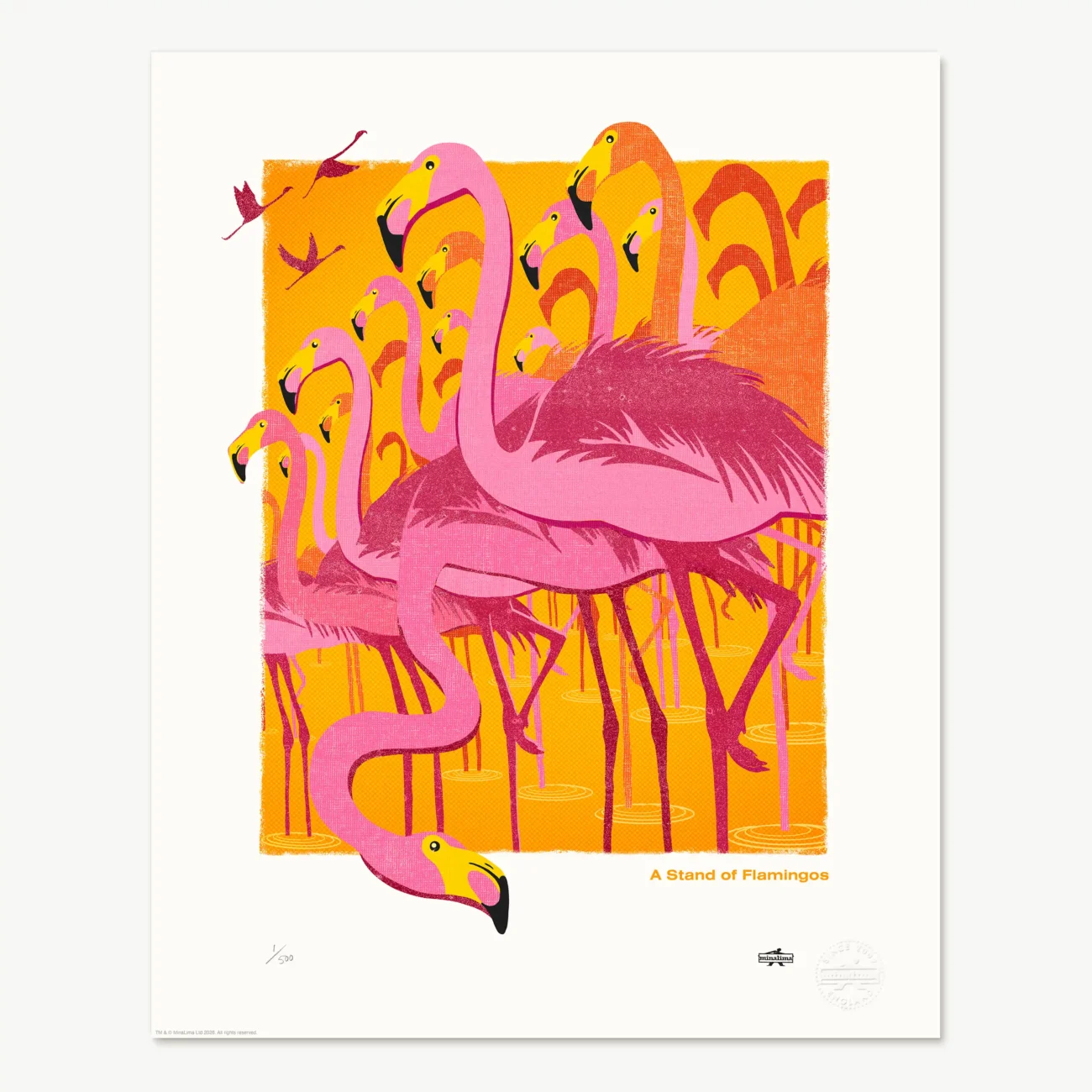 A Stand of Flamingos limited edition art print from the MinaLima Menagerie series
