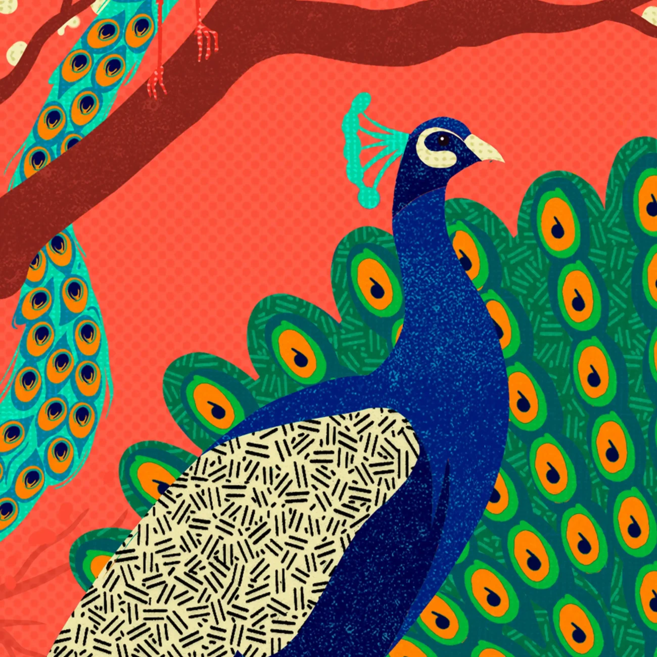 An Ostentation of Peacocks limited edition art print from the MinaLima Menagerie series (close-up detail)
