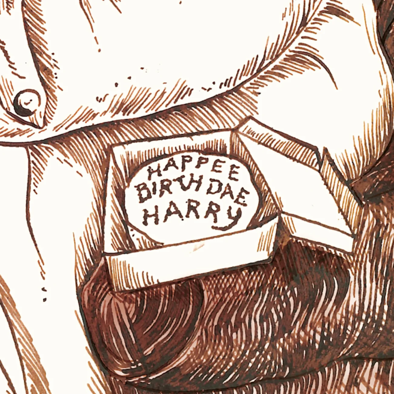 "You're a wizard, Harry" Harry Potter and the Philosopher's Stone MinaLima art print (close-up of 'Happee Birthdae Harry' cake)