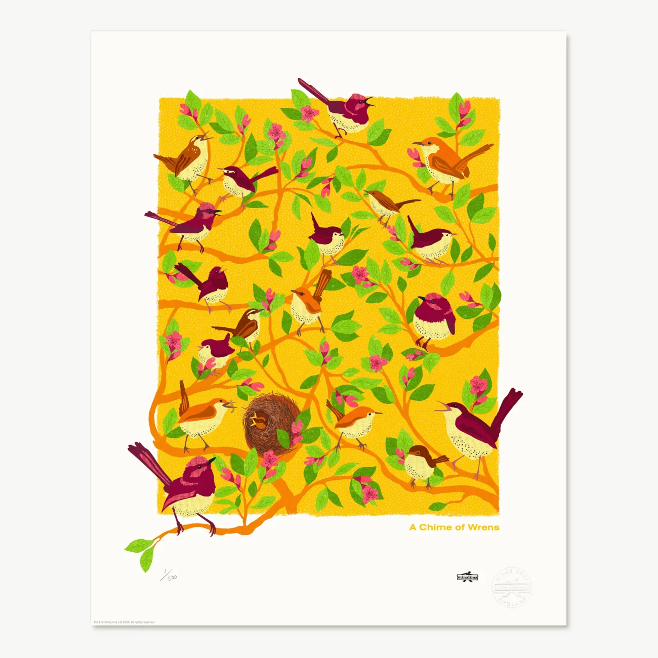 A Chime of Wrens limited edition art print from the MinaLima Menagerie series