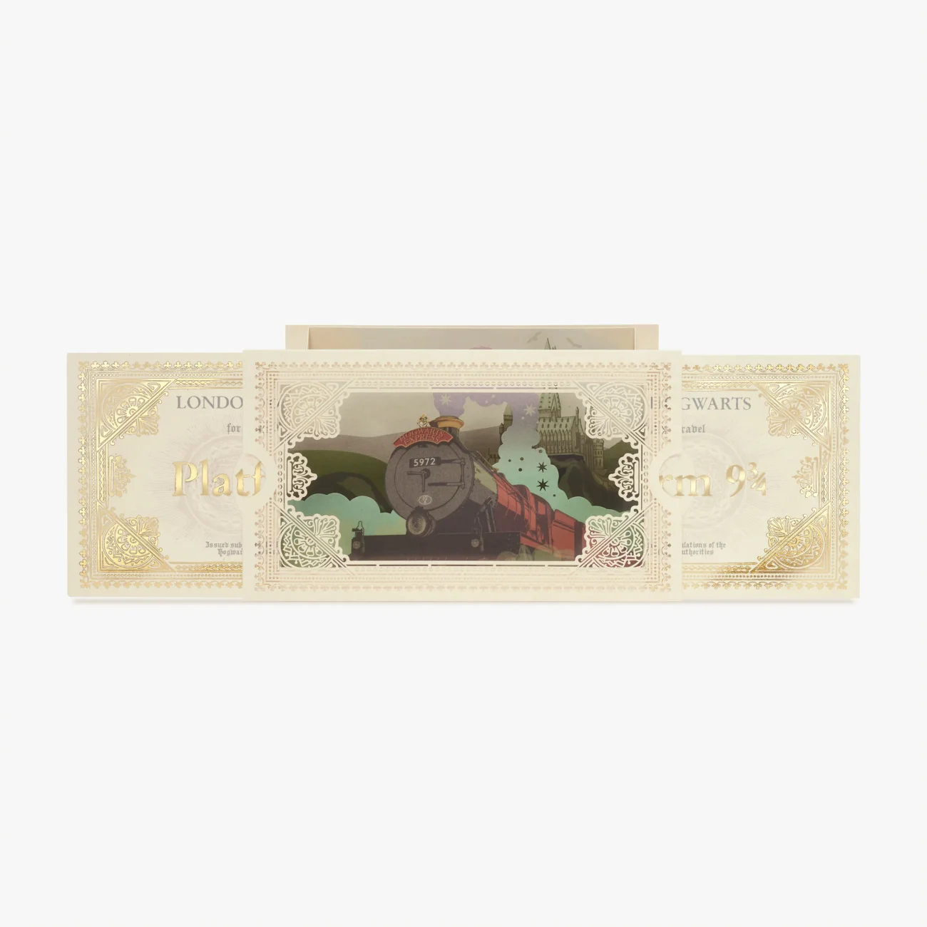 Hogwarts Express Ticket 3D notecard (open view with steam train theatre card design)