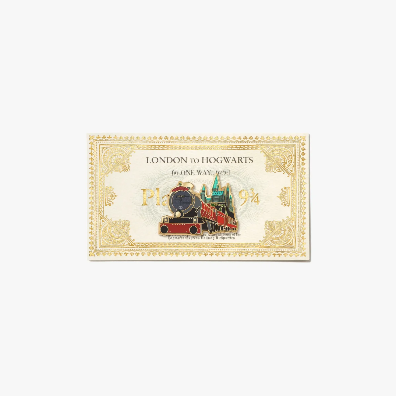 Hogwarts Express steam train pin badge and London to Hogwarts ticket bookmark