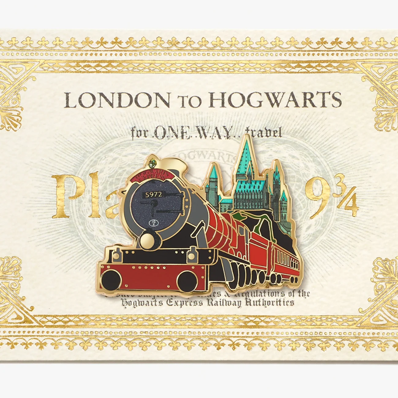 Hogwarts Express steam train pin badge and London to Hogwarts ticket bookmark (zoomed-in image)