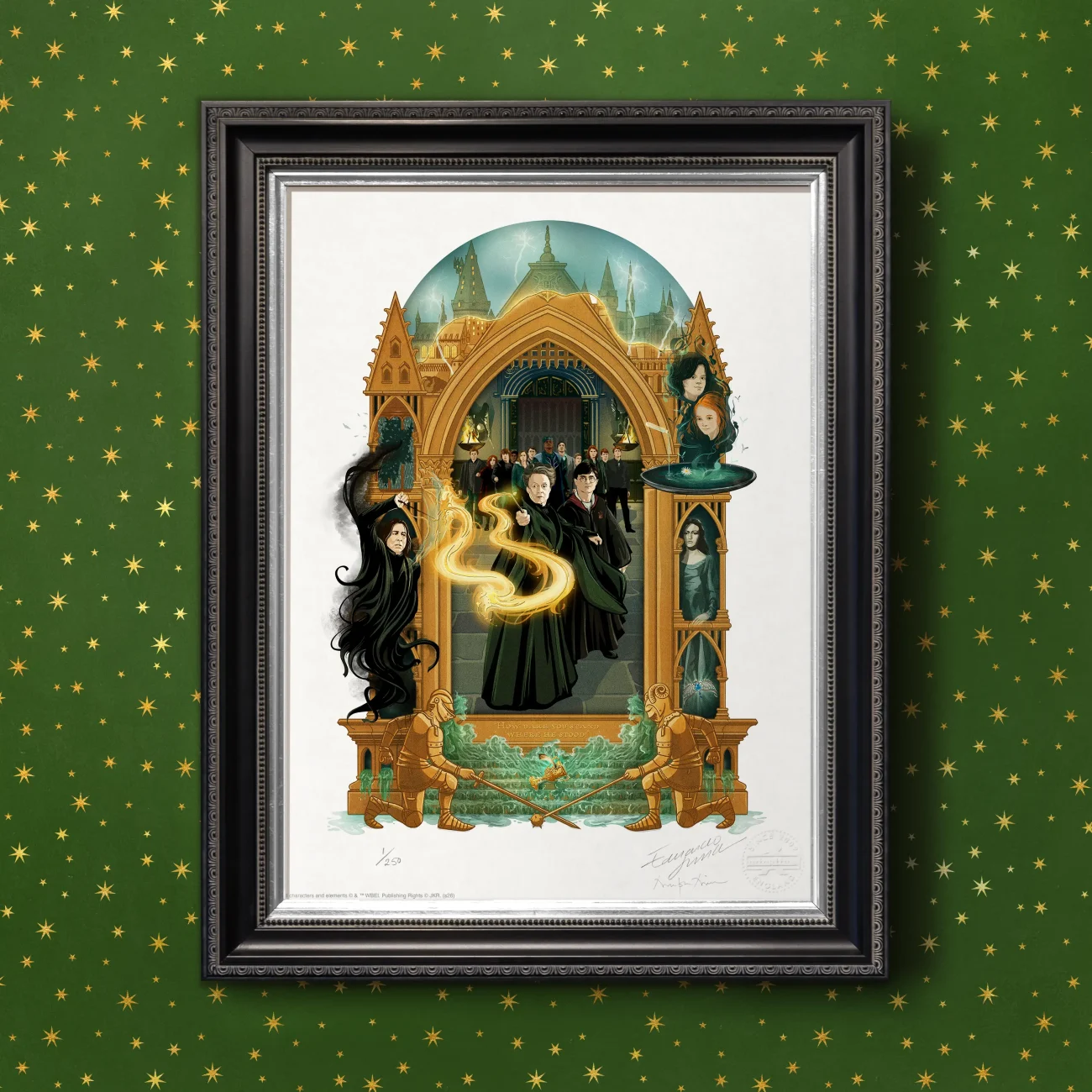 'How Dare You Stand Where He Stood' MinaLima Magical Moments limited edition art print from Harry Potter and the Deathly Hallows Part 2 (framed view)