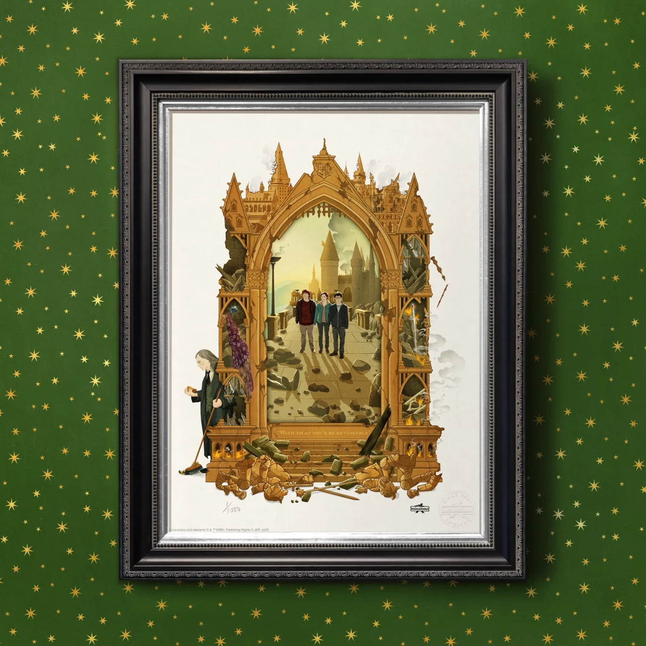 'With That, You'd Be Invincible' MinaLima Magical Moments limited edition art print from Harry Potter and the Deathly Hallows Part 2 (framed view)