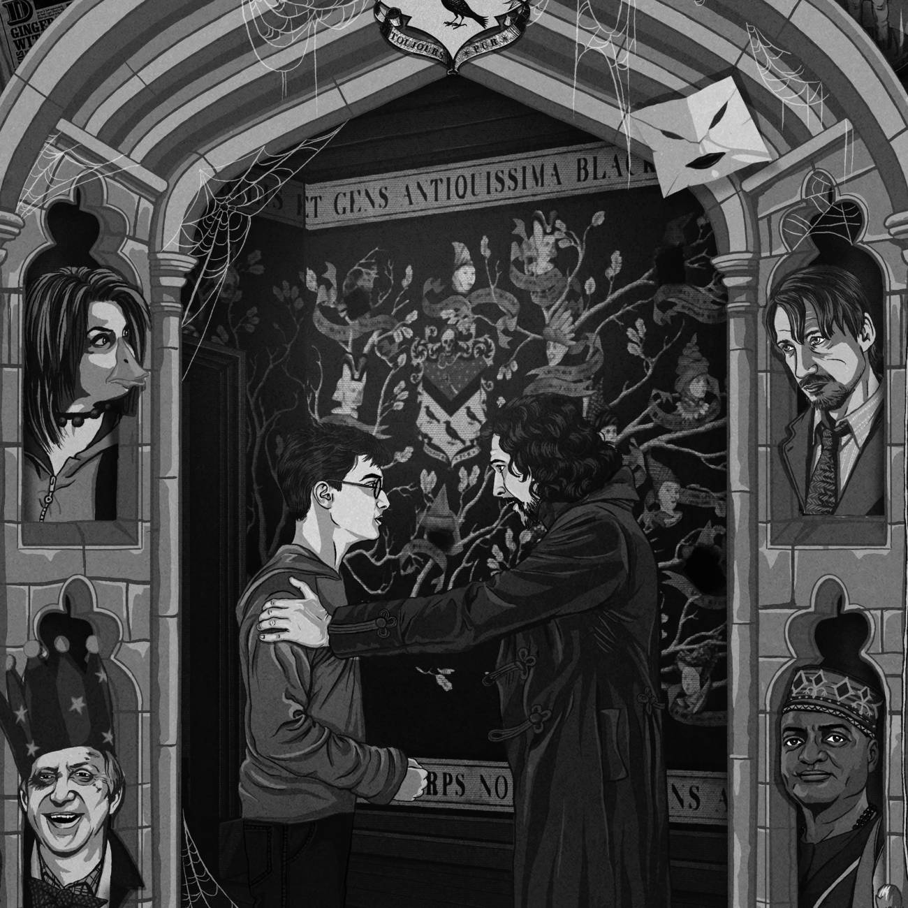 'We've all got both light and dark inside us' limited edition 'Harry Potter and the Order of the Phoenix' MinaLima art print featuring Harry and Sirius Black in front of the Black Family Tapestry (zoomed-in image)