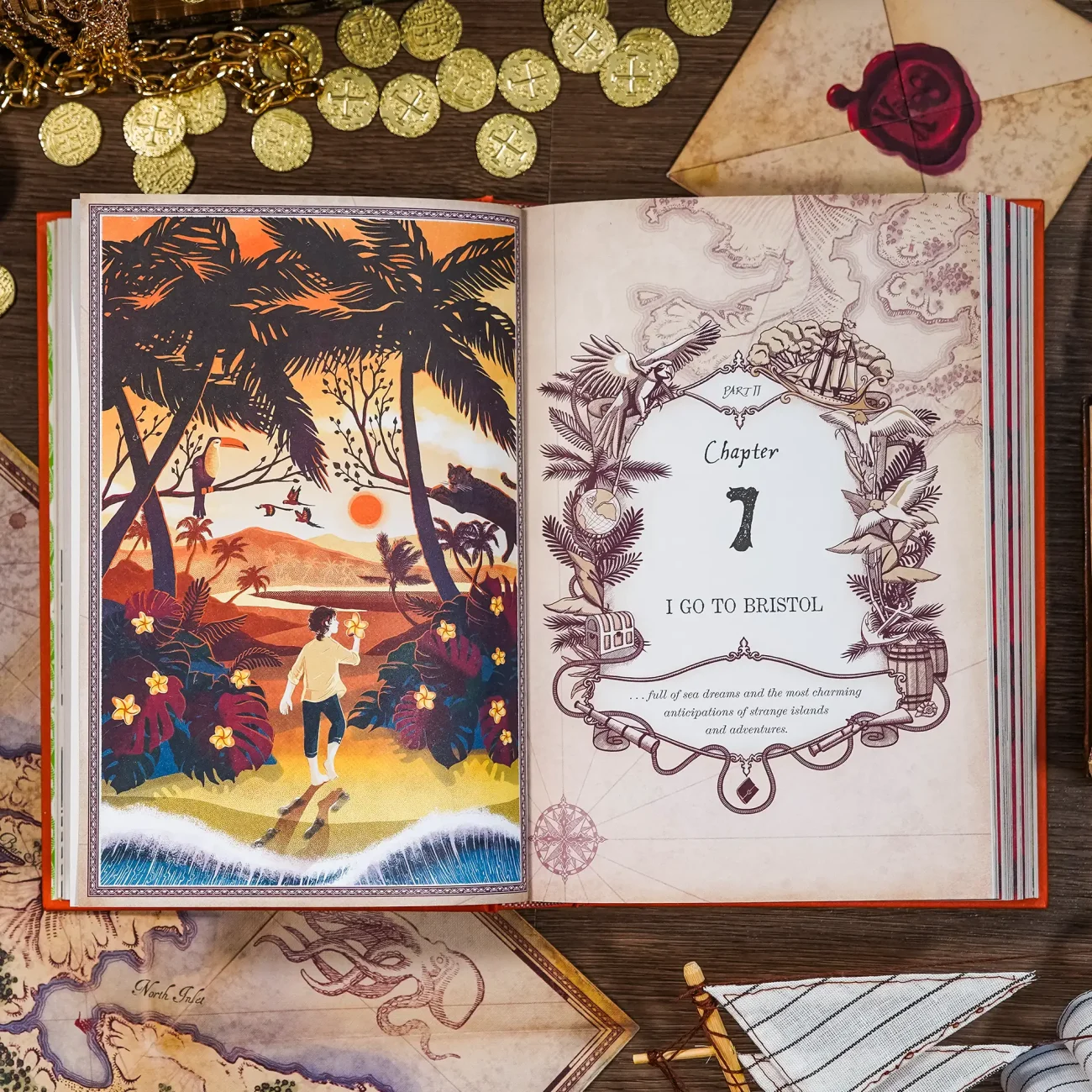Treasure Island by Robert Louis Stevenson deluxe edition illustrated by MinaLima (open at Chapter 7 illustration)