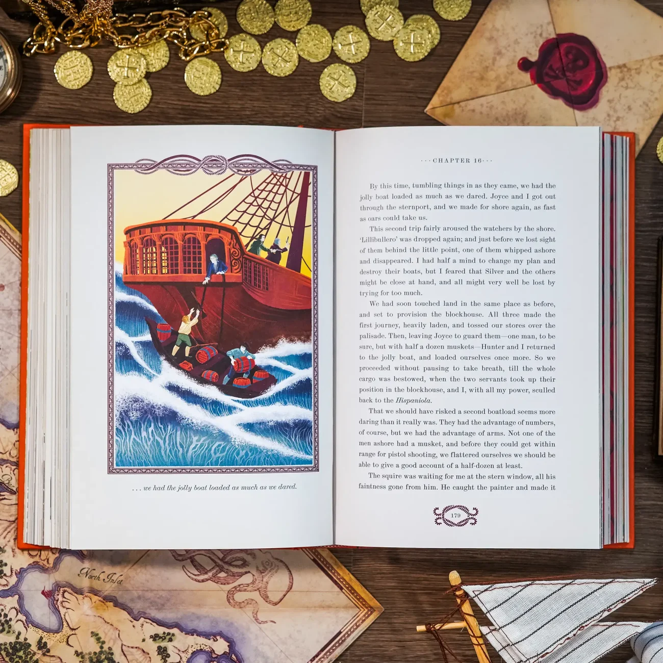 Treasure Island by Robert Louis Stevenson deluxe edition illustrated by MinaLima (open at chapter 16 with illustrated page)