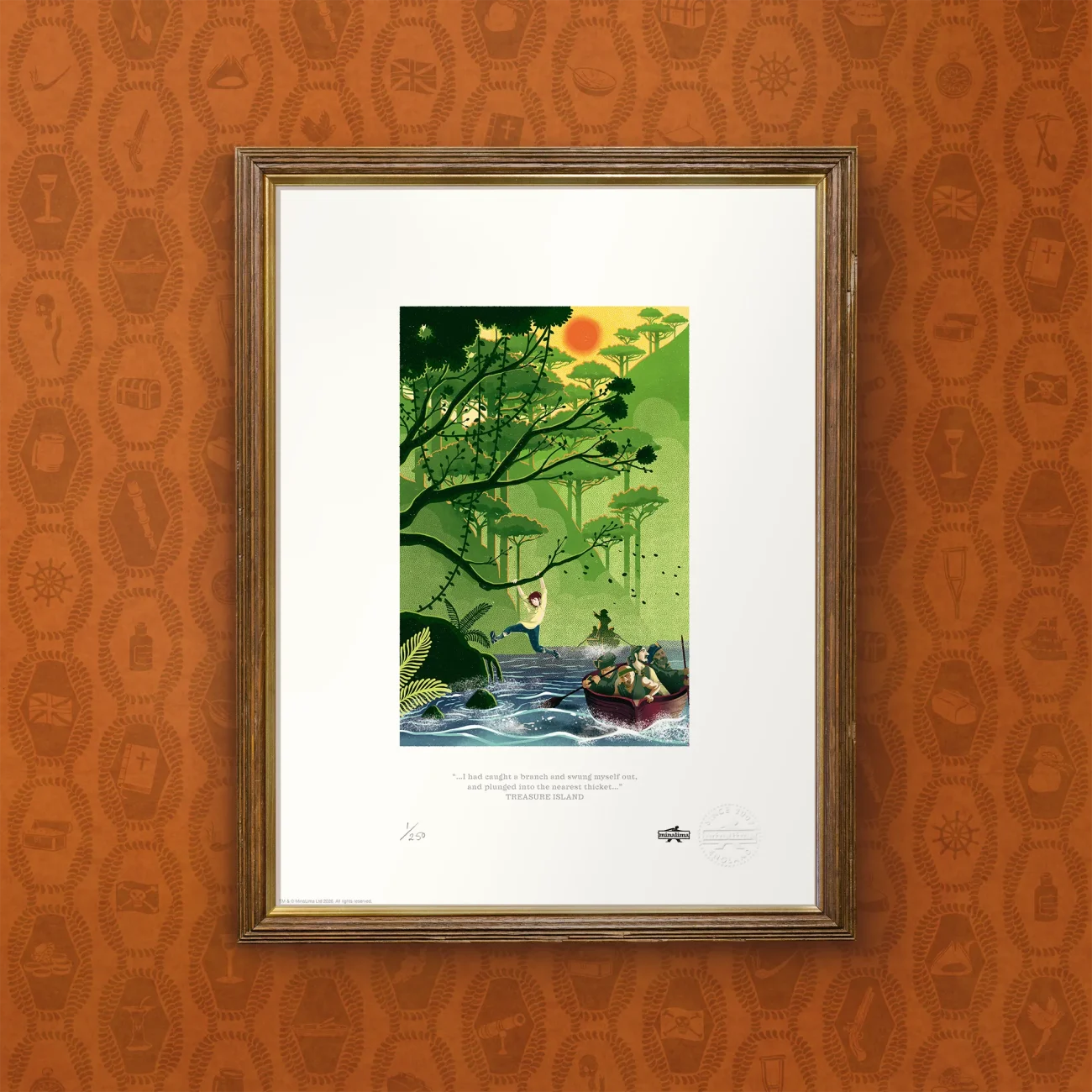 "I had caught a branch and swung my way out" limited edition Treasure Island MinaLima art print (framed view)