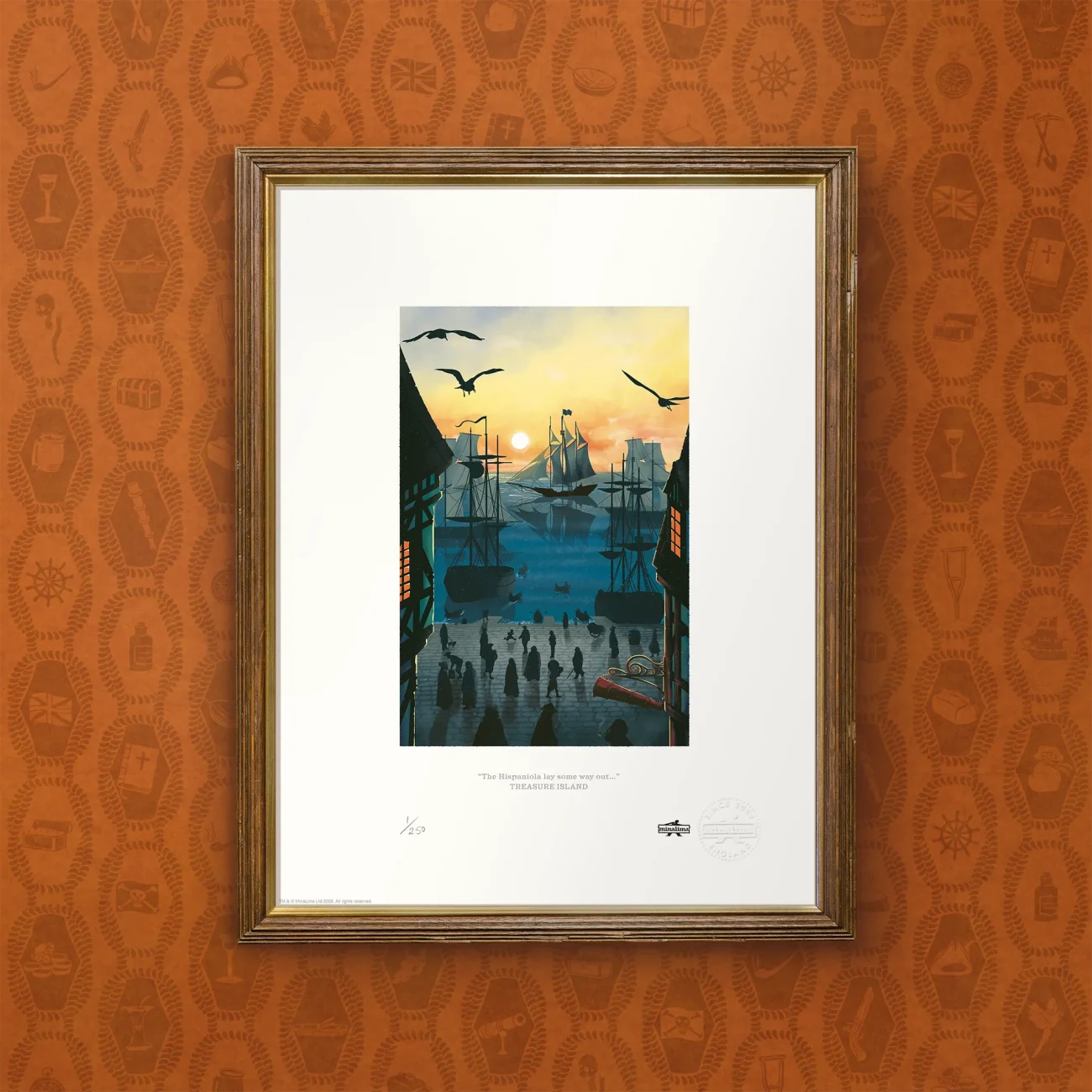 "The Hispaniola lay some way out" limited edition Treasure Island MinaLima art print (framed view)