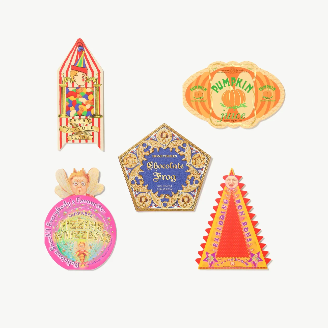 Honeydukes Harry Potter shaped notecard set with 5 designs including Pumpkin Juice, Fizzing Whizzbees, Chocolate Frog, Exploding Bon Bons, and Bertie Botts Every-Flavour Beans