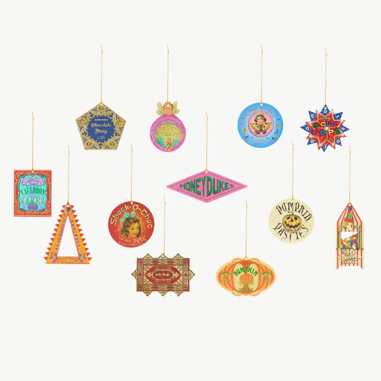 Honeydukes Wizarding Confectionery Harry Potter hanging decoration set - 12 decorations including Chocolate Frog, Pumpkin Pasties, Cauldron Cakes and Bertie Botts Every-Flavour Beans