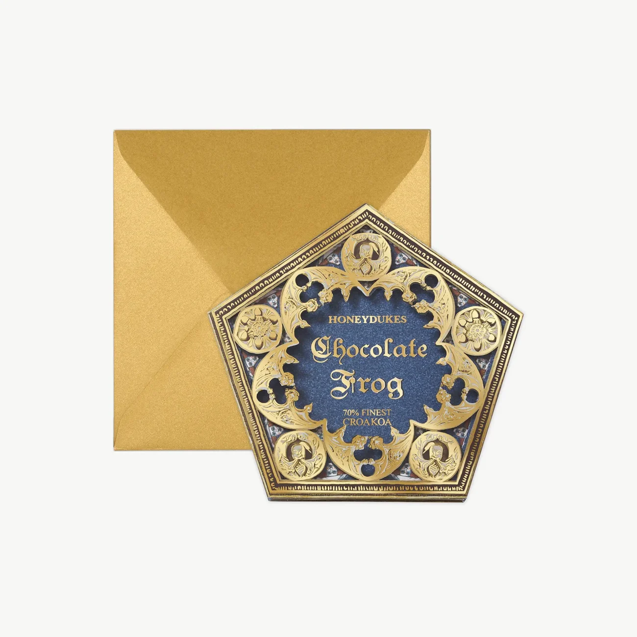 Harry Potter Chocolate Frog packaging pop-up 3D diorama notecard with gold envelope