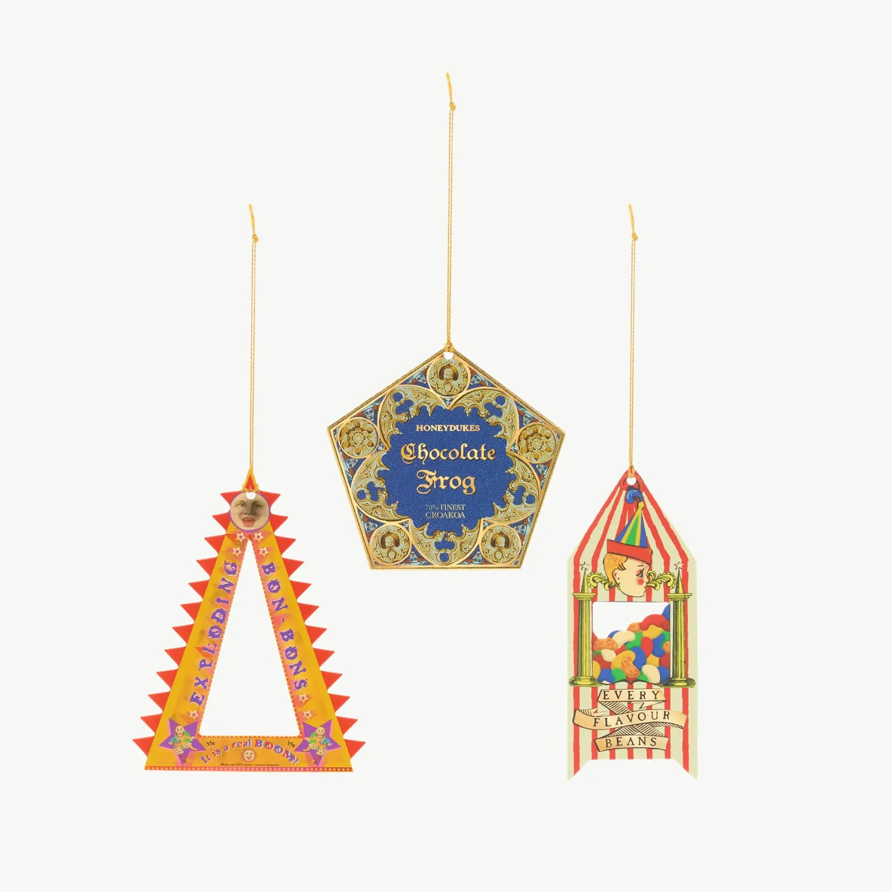 Honeydukes Wizarding Confectionery Harry Potter hanging decoration set (view of 3 decorations: Exploding Bon Bons, Chocolate Frog and Bertie Botts Every-Flavour Beans)
