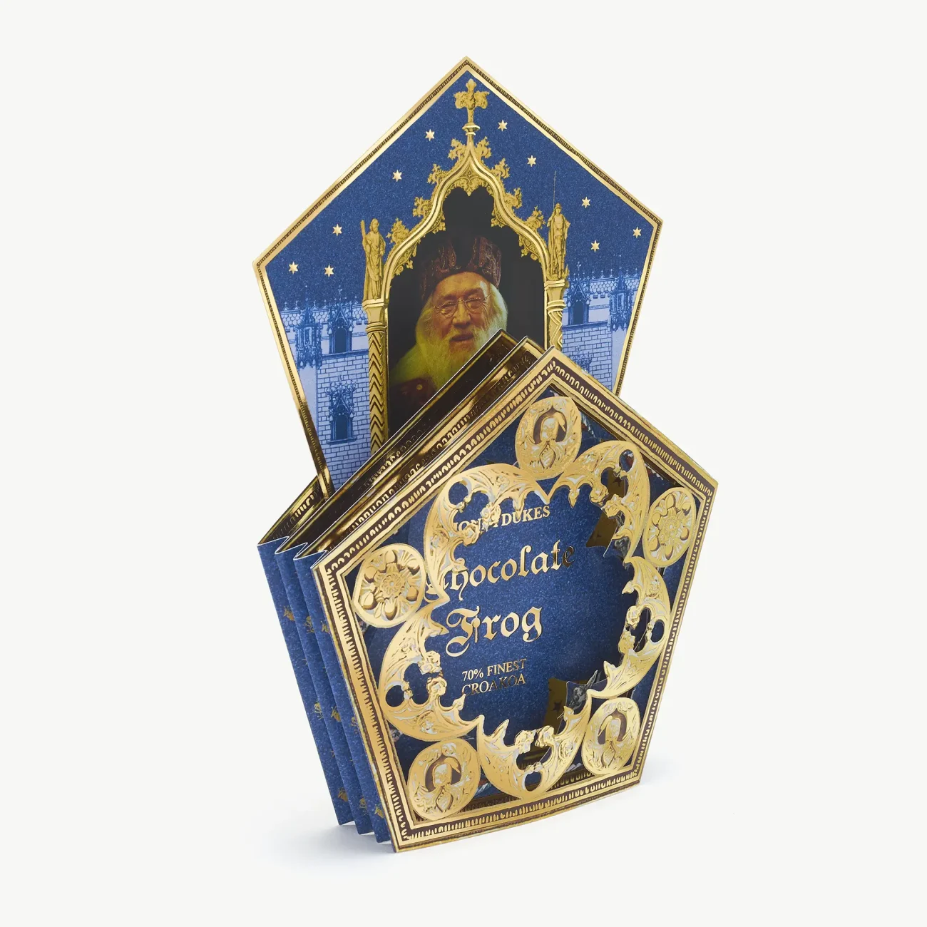 Harry Potter Chocolate Frog packaging pop-up 3D diorama notecard (view with removable Chocolate Frog card featuring Dumbledore)