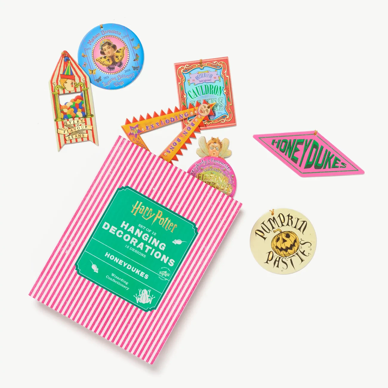 Honeydukes Wizarding Confectionery Harry Potter hanging decoration set - 12 decorations including Chocolate Frog, Pumpkin Pasties, Cauldron Cakes and Bertie Botts Every-Flavour Beans (view with paper packaging)