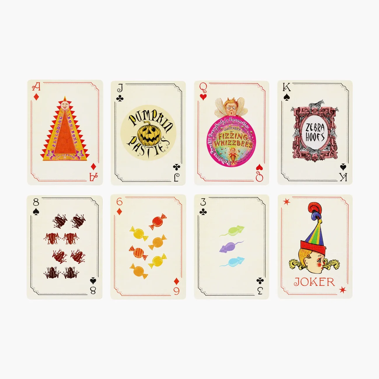 Honeydukes 'Wizarding Confectionery' Harry Potter playing cards (selection shown includes Fizzing Whizzbees, Pumpkin Pasties and Zebra Hoofs)