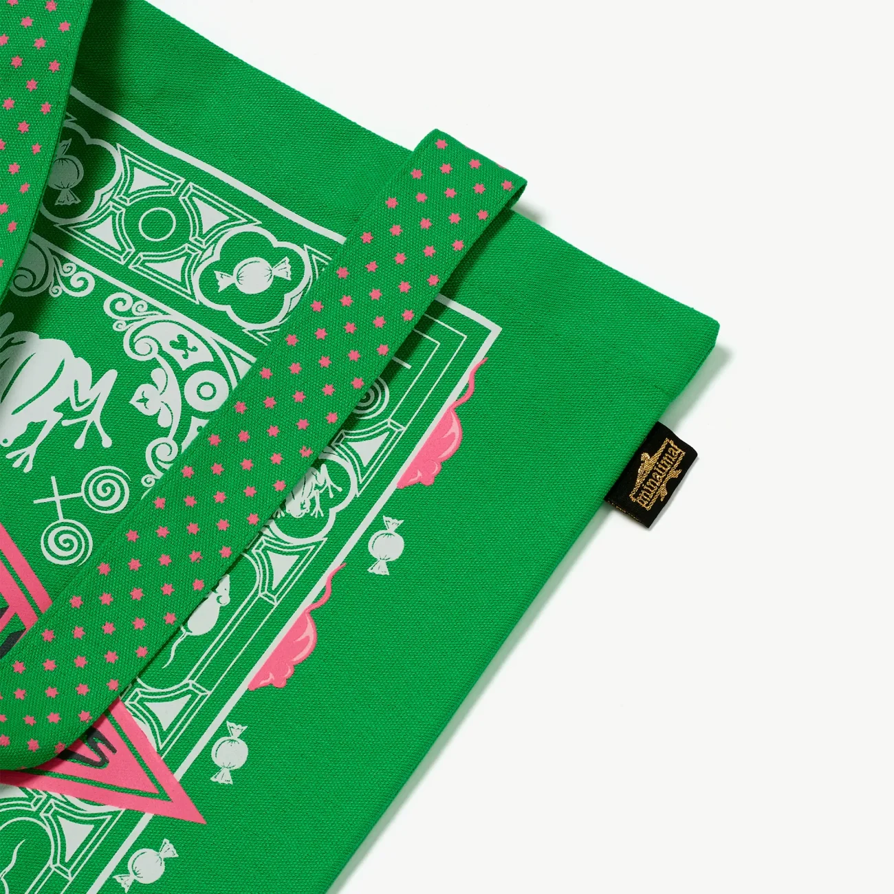 Honeydukes Harry Potter green tote bag (close-up with MinaLima label)