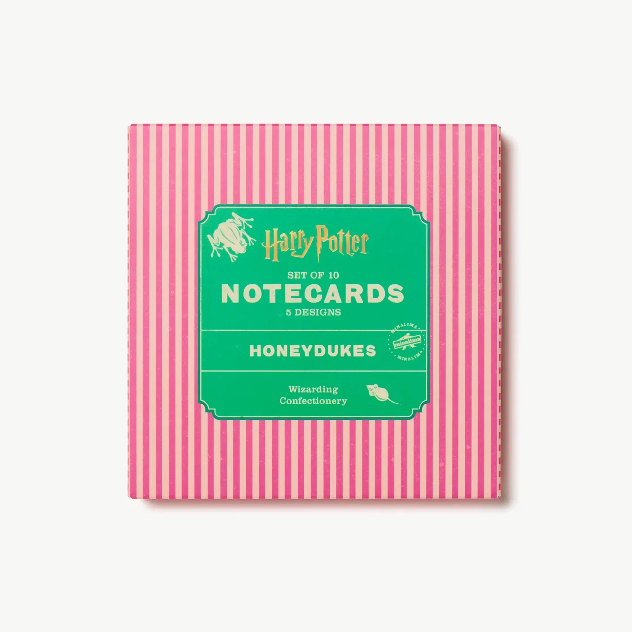 Honeydukes Harry Potter shaped notecard set with 5 designs including Pumpkin Juice, Fizzing Whizzbees, Chocolate Frog, Exploding Bon Bons, and Bertie Botts Every-Flavour Beans (packaged view)