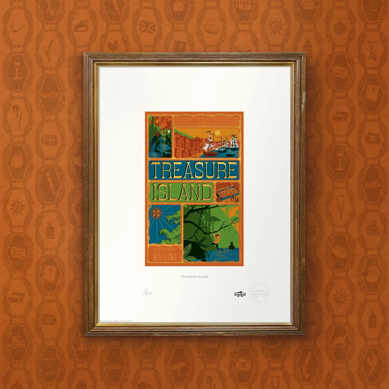 Treasure Island Book Cover limited edition MinaLima art print (standard framed view)
