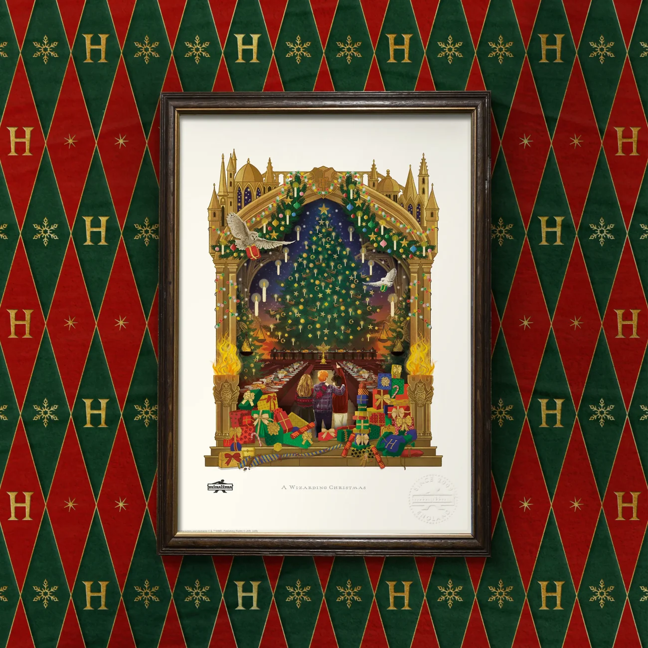 Harry Potter Hogwarts 'A Wizarding Christmas' art print with gold foil detailing (framed view)