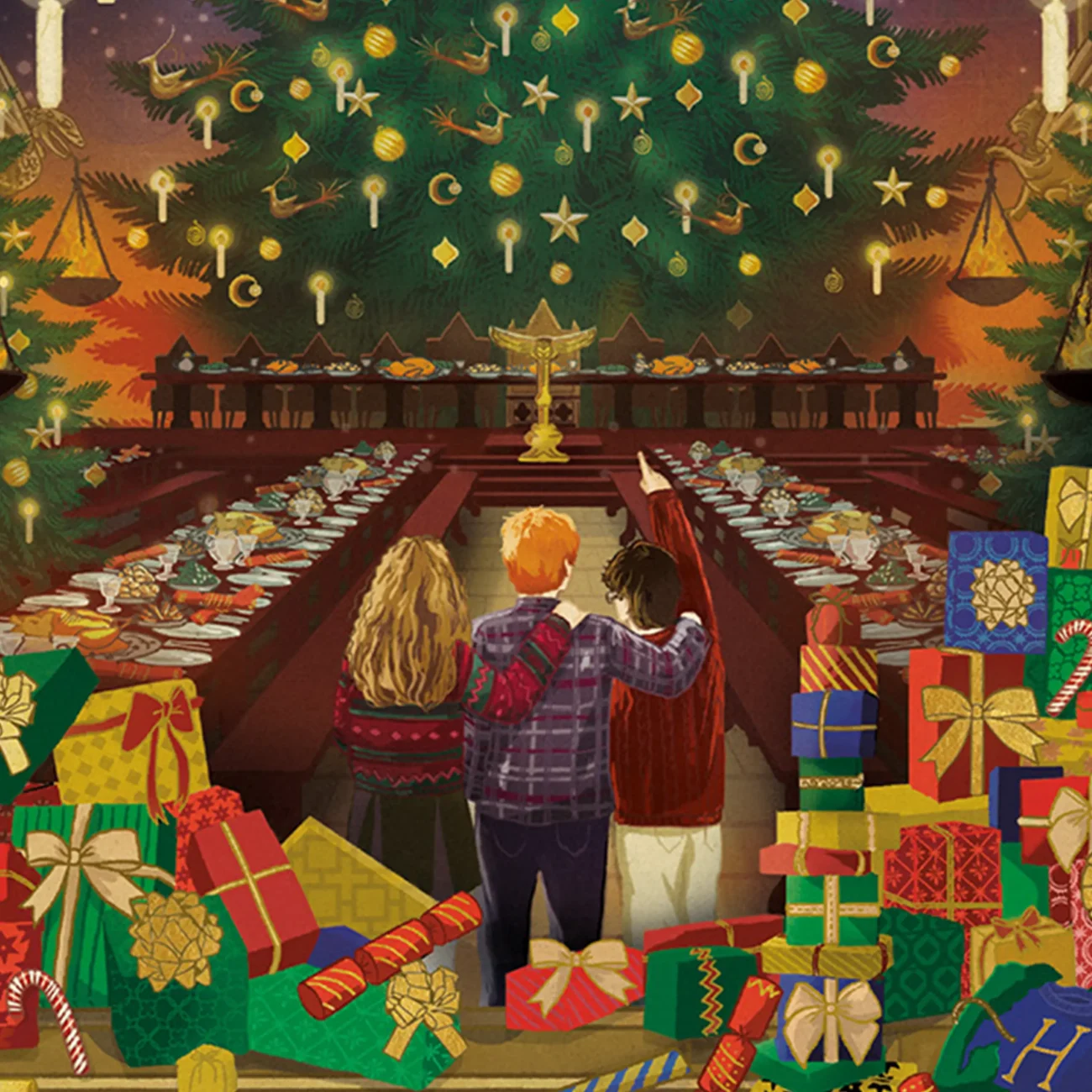 Harry Potter Hogwarts 'A Wizarding Christmas' art print with gold foil detailing (close-up view)